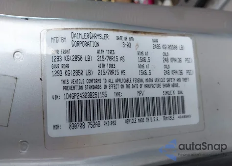 2003 Dodge Grand Caravan Se z USA, uszkodzony, nr VIN 1D4GP24323B251155
